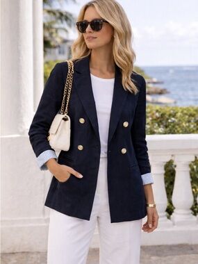 Jules & Leopold Navy Linen Blend Double Breasted Blazer Coastal Chic Preppy
